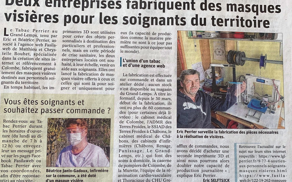 Article masques visières du Dauphiné Libéré - 07-04-2020