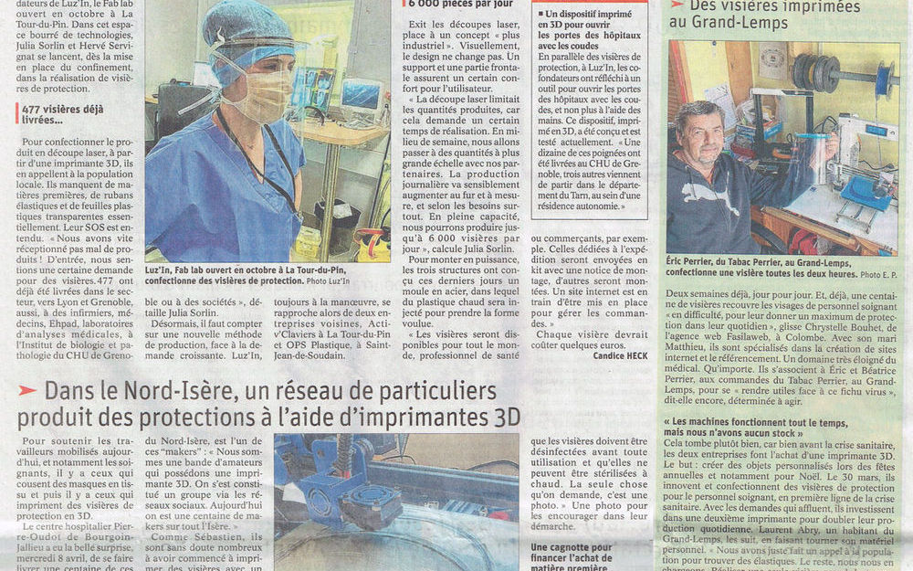 Article masques visières du Dauphiné Libéré du 13-04-20