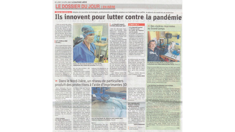 Article masques visières du Dauphiné Libéré du 13-04-20